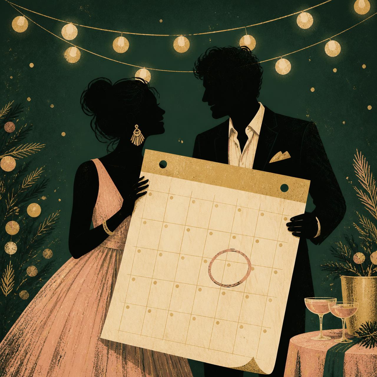 Illustration of two people under string lights holding a calendar with a circled date